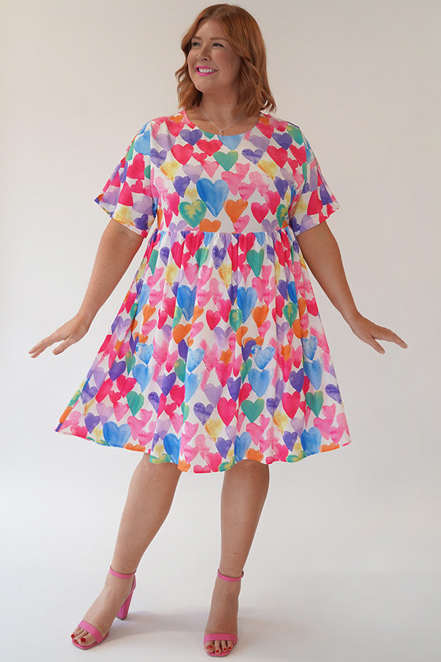 Allsorts Painterly Rainbow Hearts Dress – Painterly Rainbow Hearts knee length dress