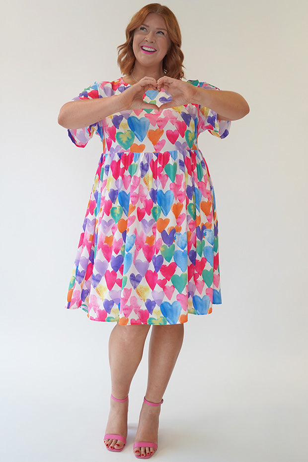 Allsorts Painterly Rainbow Hearts Dress – Painterly Rainbow Hearts knee length dress