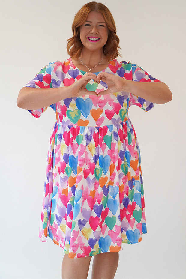 Allsorts Painterly Rainbow Hearts Dress – Painterly Rainbow Hearts knee length dress