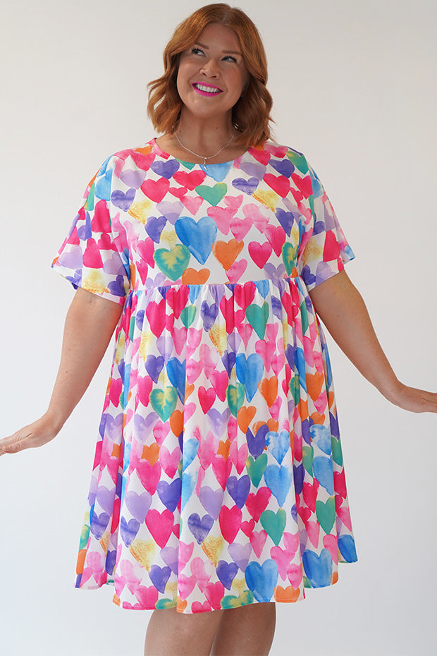 Allsorts Painterly Rainbow Hearts Dress – Painterly Rainbow Hearts knee length dress