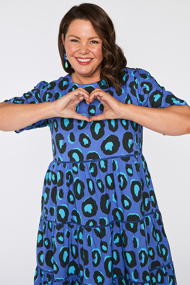 Aurelia Electric Blue Leopard Dress – Electric Blue Leopard midi dress