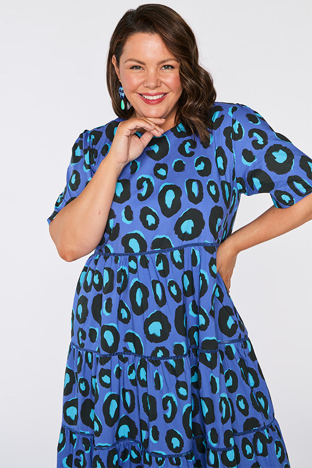 Aurelia Electric Blue Leopard Dress – Electric Blue Leopard midi dress