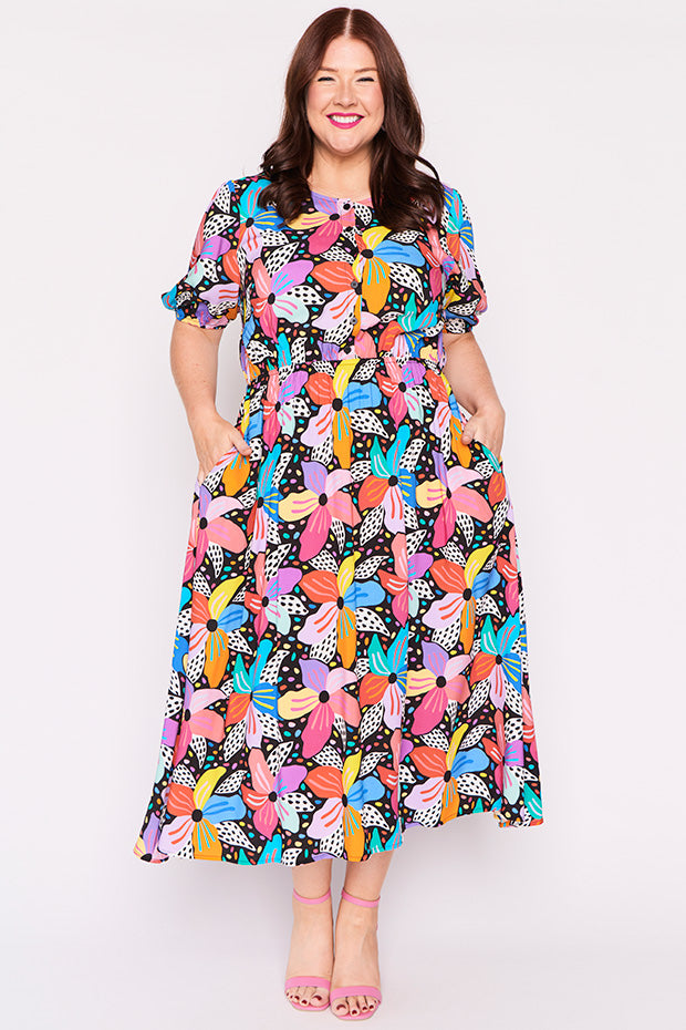 Bronwyn Rainbow Hibiscus Dress – Rainbow Hibiscus midi dress