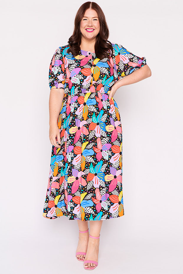 Bronwyn Rainbow Hibiscus Dress – Rainbow Hibiscus midi dress