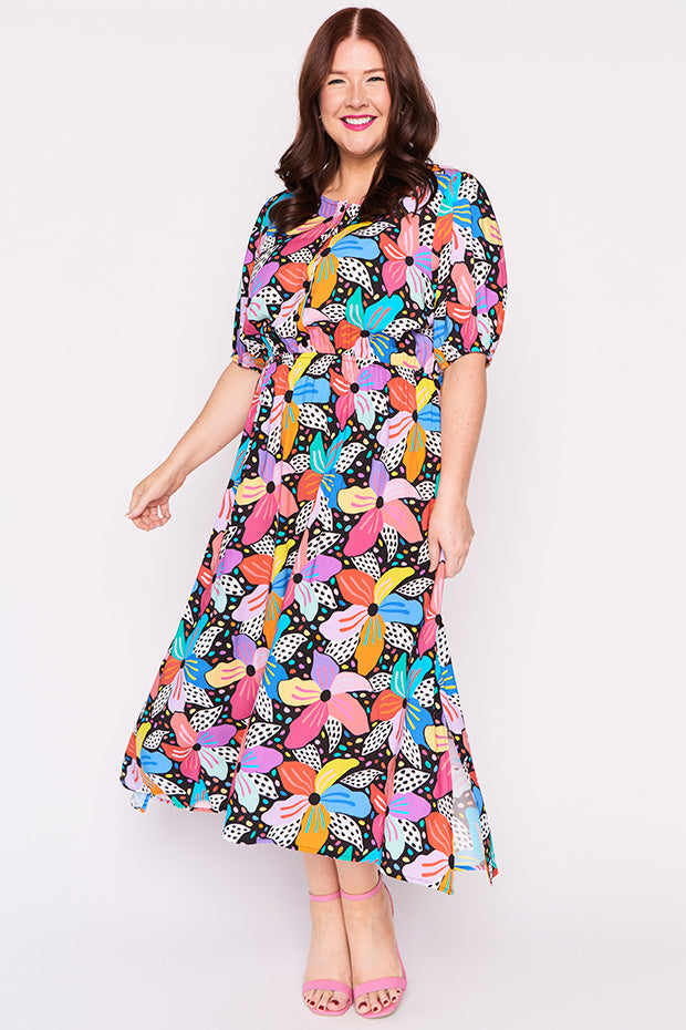 Bronwyn Rainbow Hibiscus Dress – Rainbow Hibiscus midi dress
