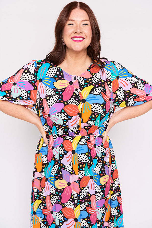 Bronwyn Rainbow Hibiscus Dress – Rainbow Hibiscus midi dress