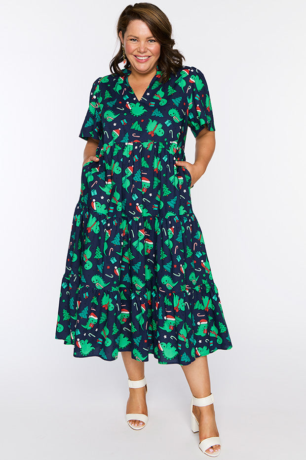 Clara Dino Christmas Dress – Dino Christmas midi dress