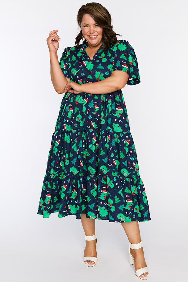 Clara Dino Christmas Dress – Dino Christmas midi dress