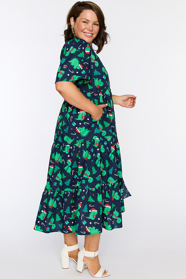 Clara Dino Christmas Dress – Dino Christmas midi dress