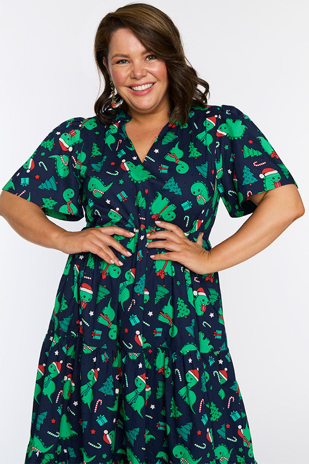 Clara Dino Christmas Dress – Dino Christmas midi dress