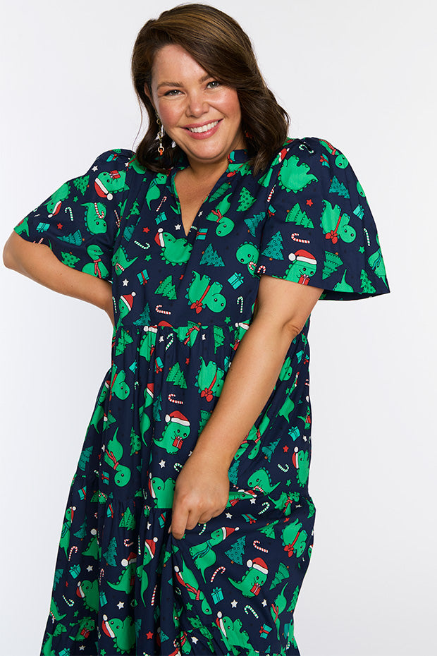 Clara Dino Christmas Dress – Dino Christmas midi dress