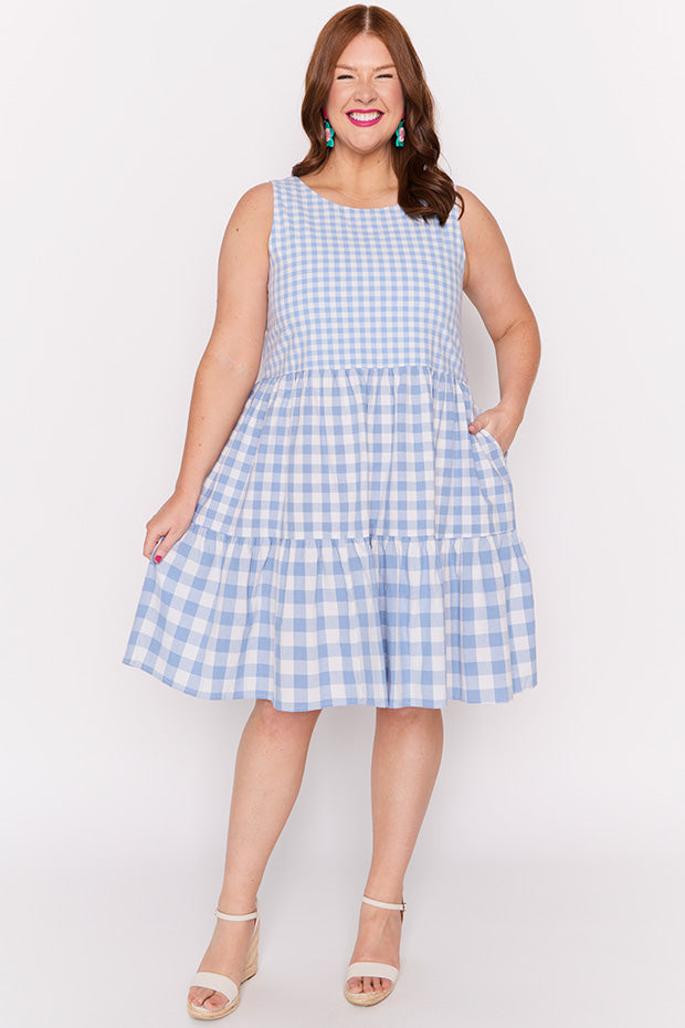Joey Blue Gingham Dress – Blue Gingham knee length dress