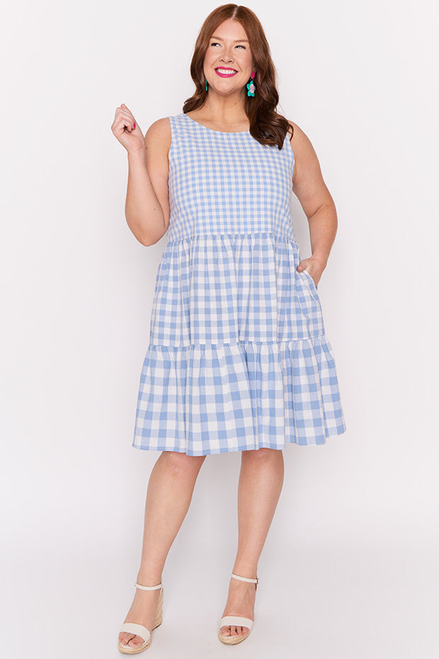 Joey Blue Gingham Dress – Blue Gingham knee length dress