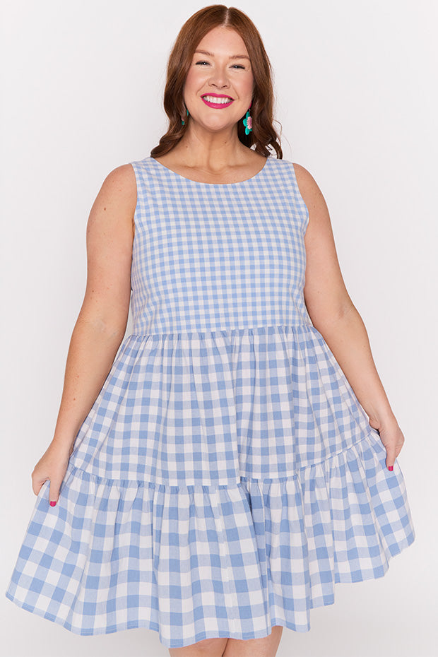 Joey Blue Gingham Dress – Blue Gingham knee length dress
