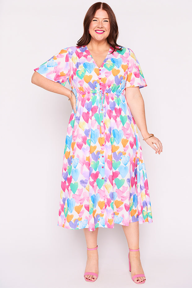Marley Painterly Rainbow Hearts Dress – Painterly Rainbow Hearts midi dress