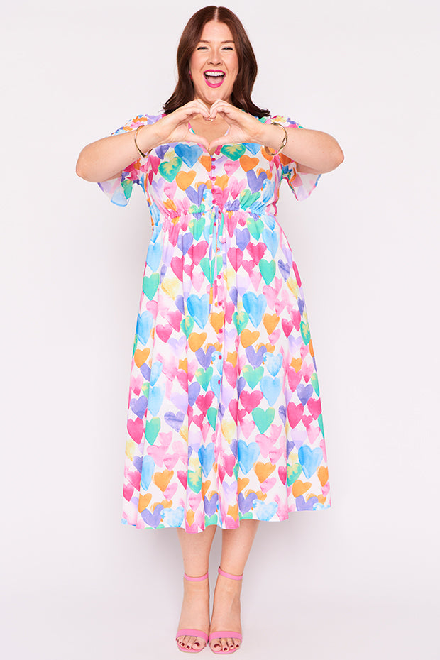 Marley Painterly Rainbow Hearts Dress – Painterly Rainbow Hearts midi dress
