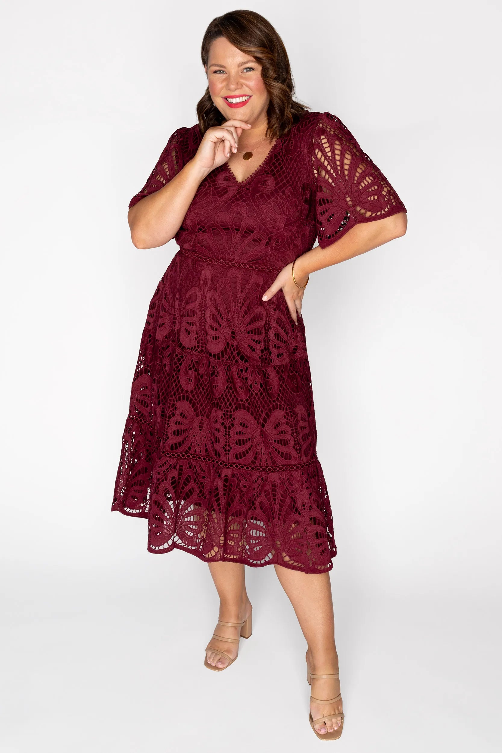Nicolla Burgundy Lace Dress – Burgundy Lace midi dress