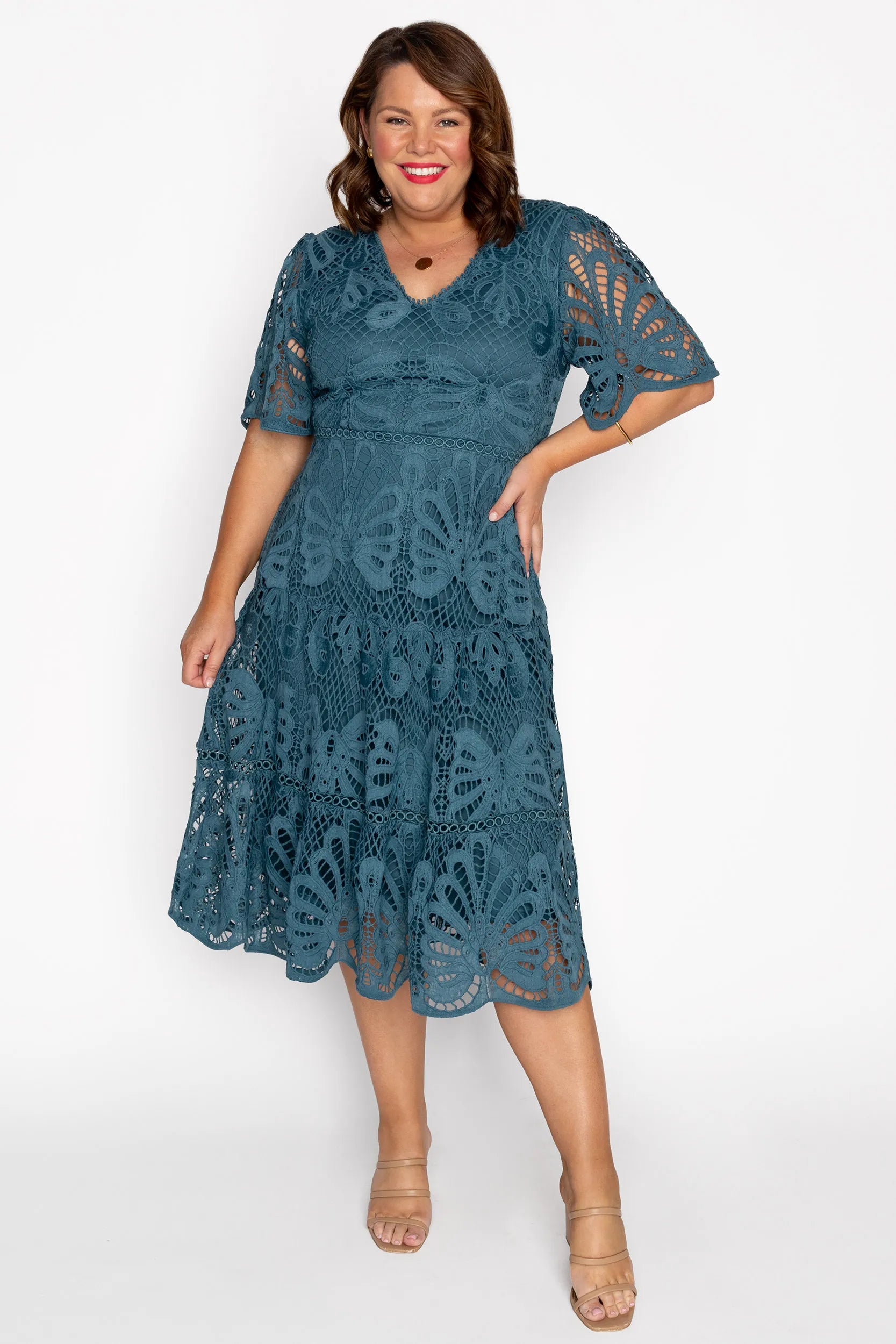 Nicolla Teal Lace Dress – Teal Lace midi dress