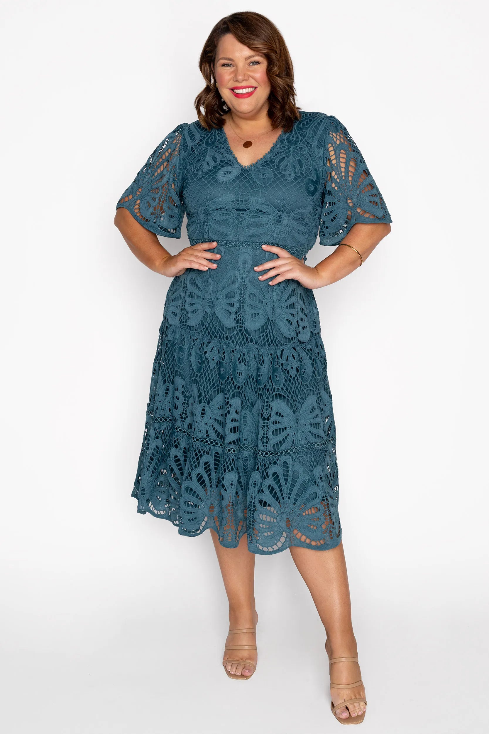 Nicolla Teal Lace Dress – Teal Lace midi dress