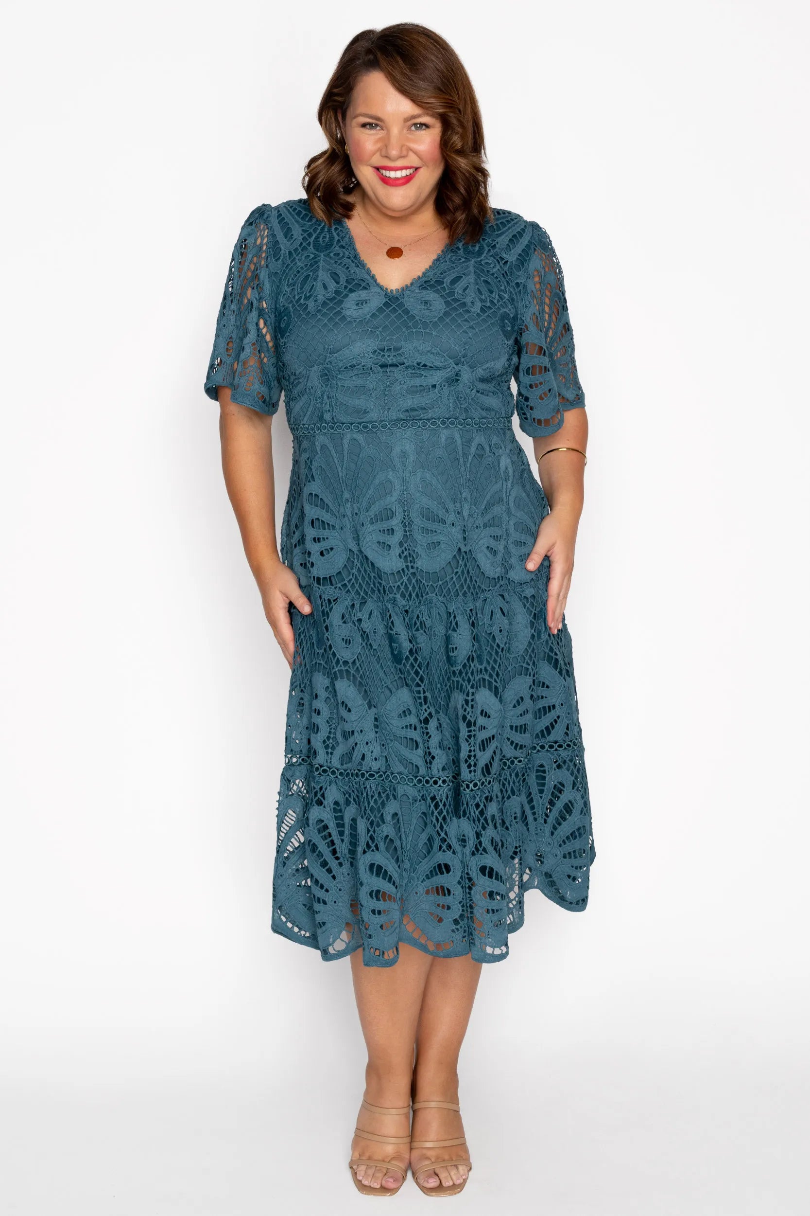 Nicolla Teal Lace Dress – Teal Lace midi dress
