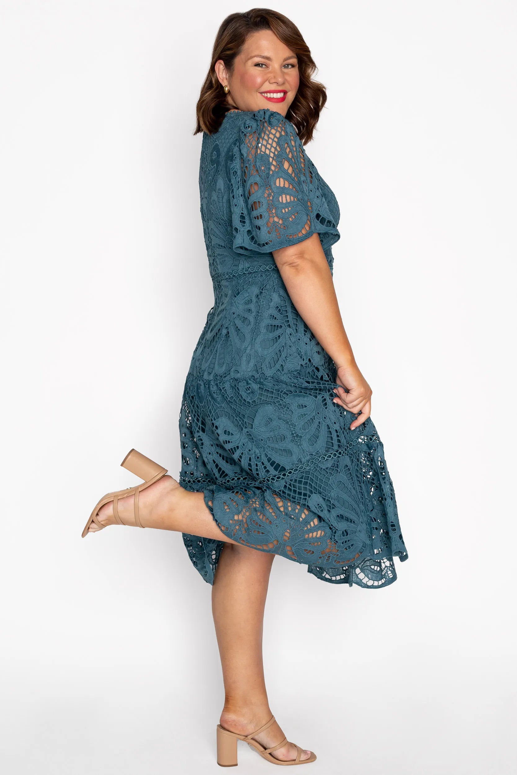Nicolla Teal Lace Dress – Teal Lace midi dress