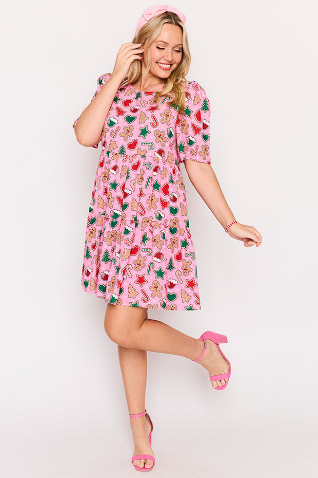 Jackson Pink Gingerbread Cookie Christmas Dress – Pink Gingerbread Cookie Christmas mini dress