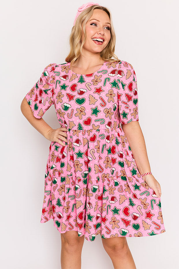 Jackson Pink Gingerbread Cookie Christmas Dress – Pink Gingerbread Cookie Christmas mini dress
