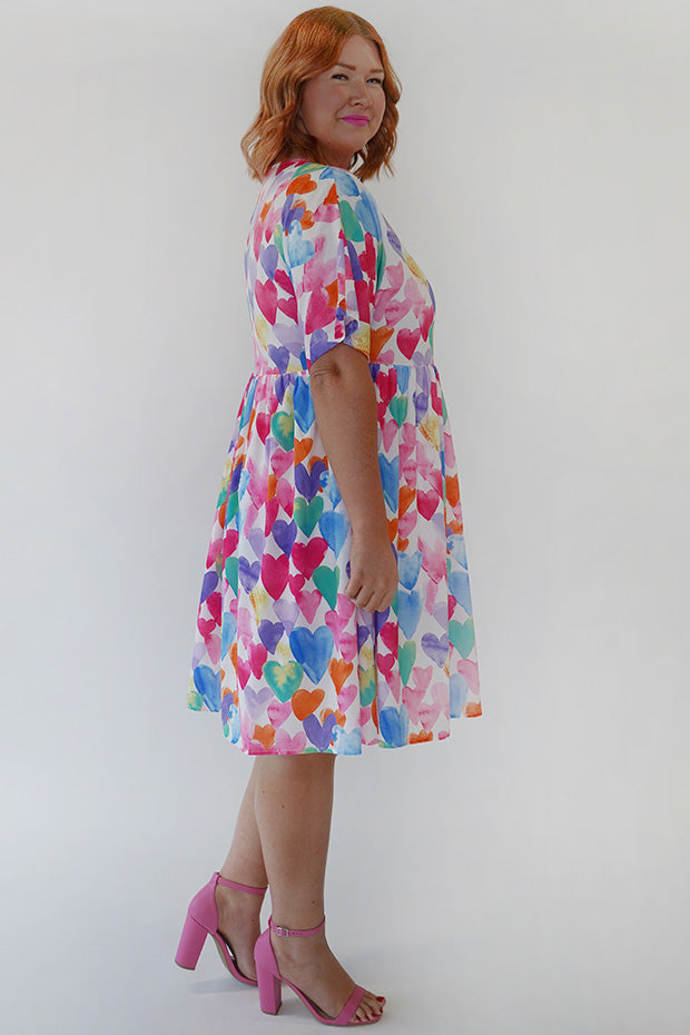 Allsorts Painterly Rainbow Hearts Dress – Painterly Rainbow Hearts knee length dress