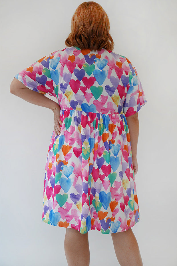 Allsorts Painterly Rainbow Hearts Dress – Painterly Rainbow Hearts knee length dress