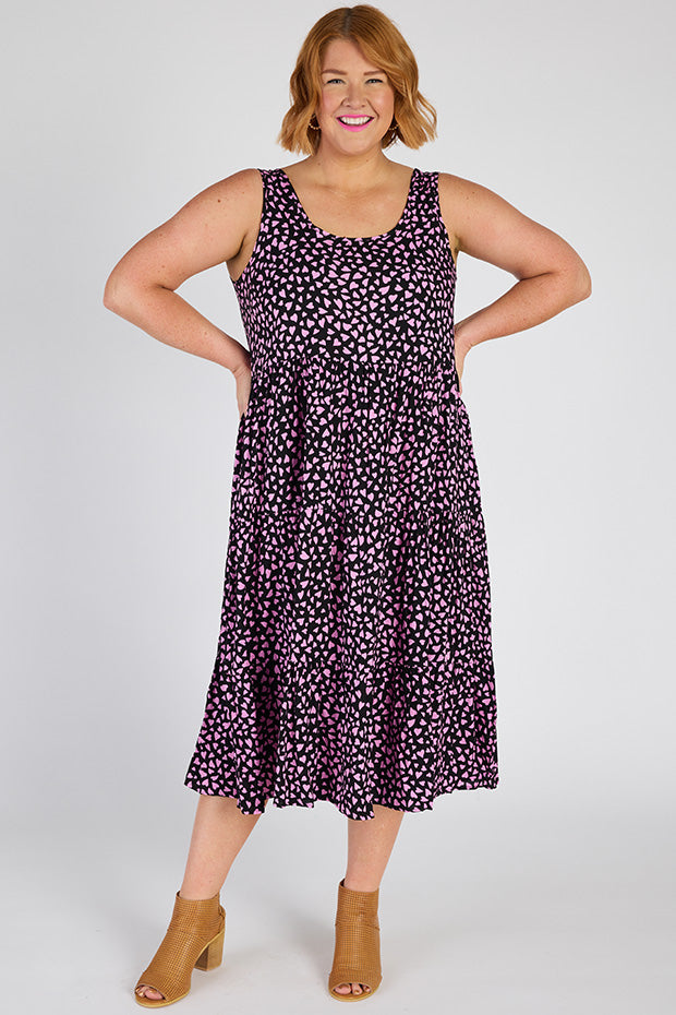 Teagan Abstract Hearts Black Pink Sleeveless Dress – Abstract Hearts Black Pink midi dress