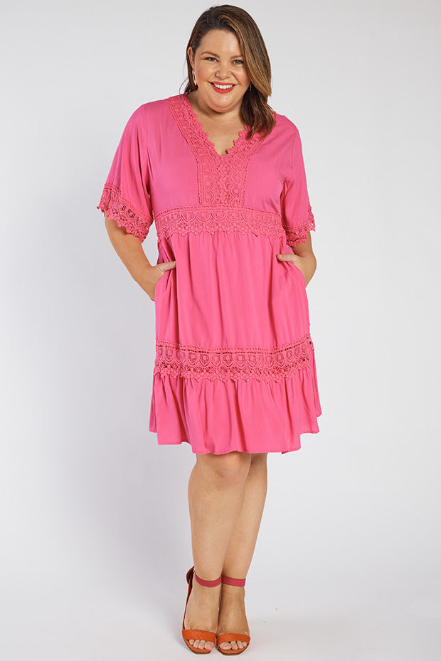 Niki Hot Pink Lace Trim Dress – Hot Pink Lace knee length dress
