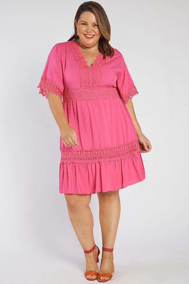 Niki Hot Pink Lace Trim Dress – Hot Pink Lace knee length dress