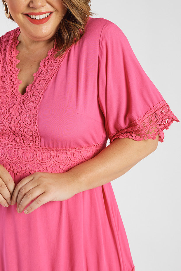 Niki Hot Pink Lace Trim Dress – Hot Pink Lace knee length dress