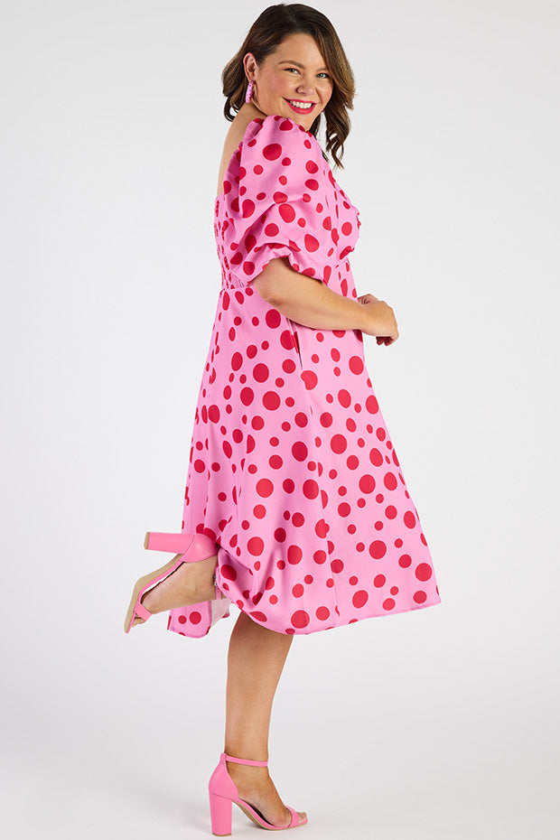 Demi Pink Multi Spot Dress – Pink Multi Spot midi dress