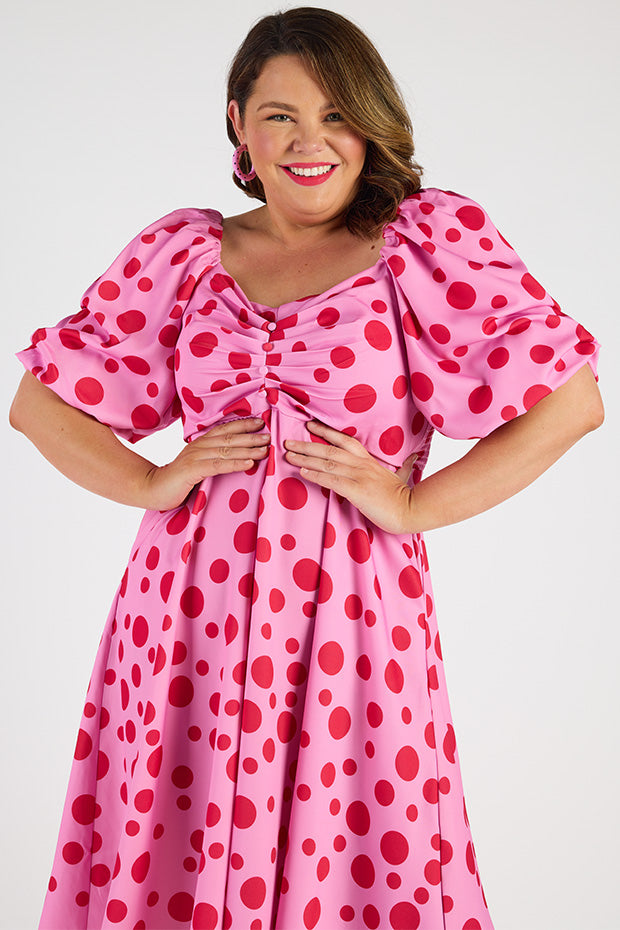 Demi Pink Multi Spot Dress – Pink Multi Spot midi dress