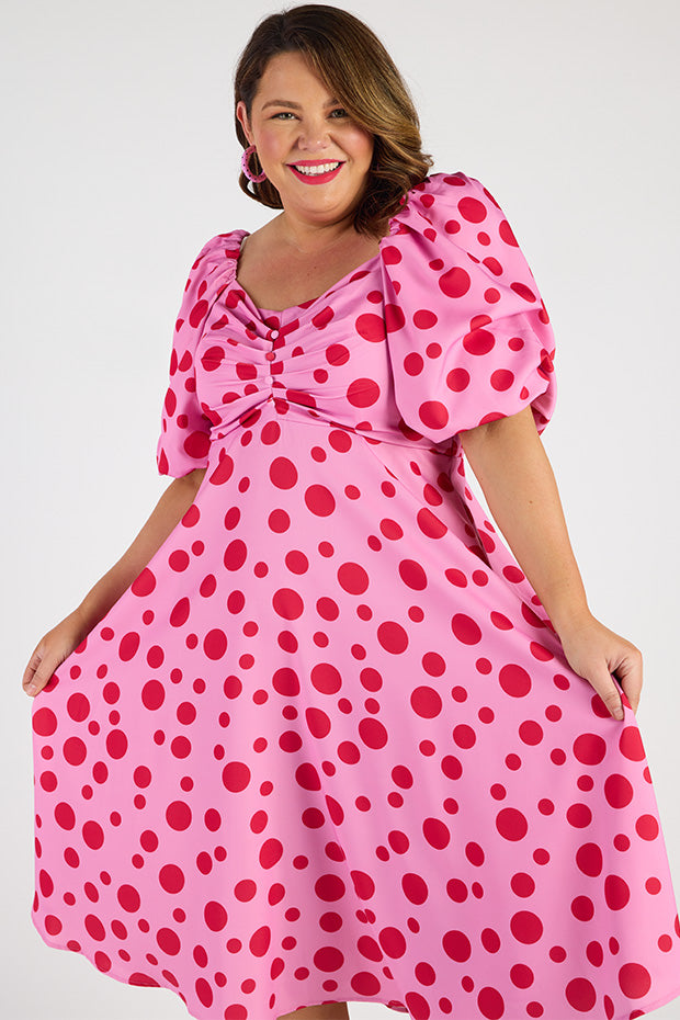 Demi Pink Multi Spot Dress – Pink Multi Spot midi dress