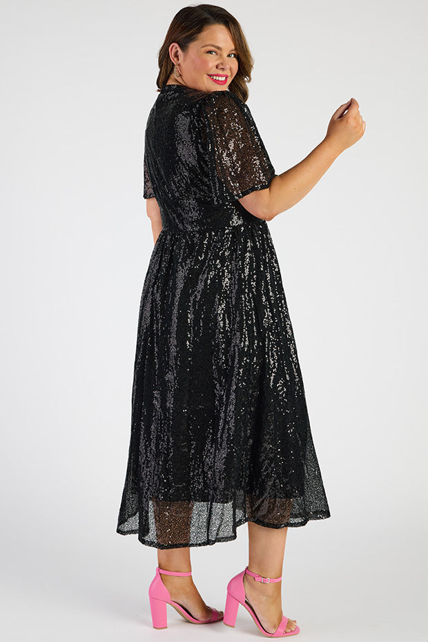 Tamie Black Party Sequins Dress – Black Party Sequins midi dress