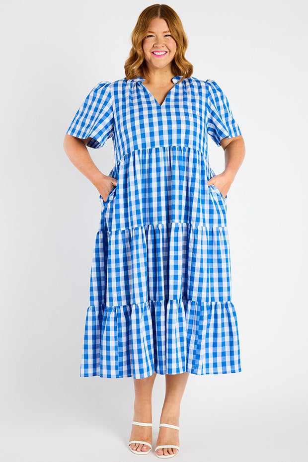 Clara Cobalt Gingham Dress – Cobalt Gingham midi dress