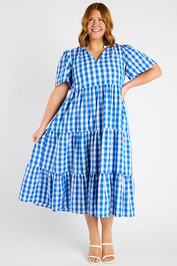 Clara Cobalt Gingham Dress – Cobalt Gingham midi dress