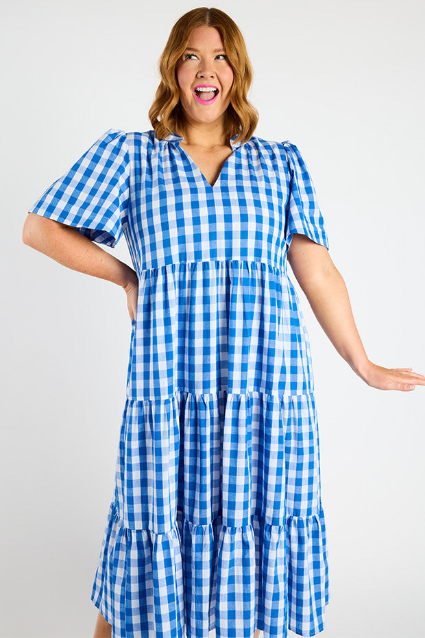Clara Cobalt Gingham Dress – Cobalt Gingham midi dress