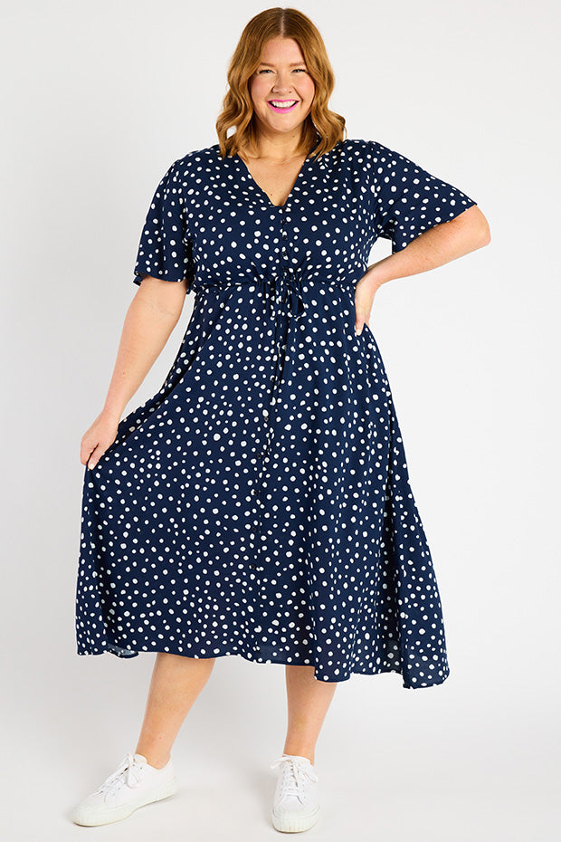 Michelle Navy & White Flecks Dress – Navy & White Flecks midi dress