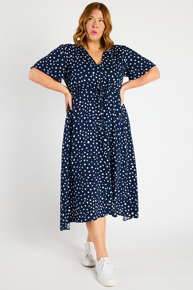 Michelle Navy & White Flecks Dress – Navy & White Flecks midi dress