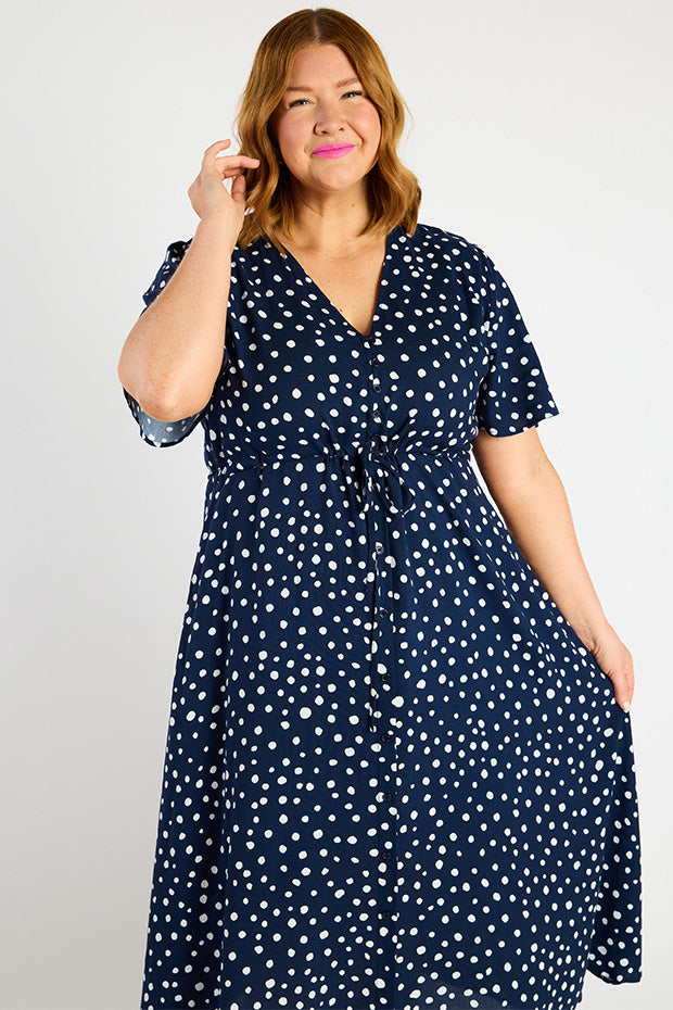 Michelle Navy & White Flecks Dress – Navy & White Flecks midi dress