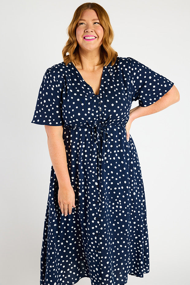 Michelle Navy & White Flecks Dress – Navy & White Flecks midi dress
