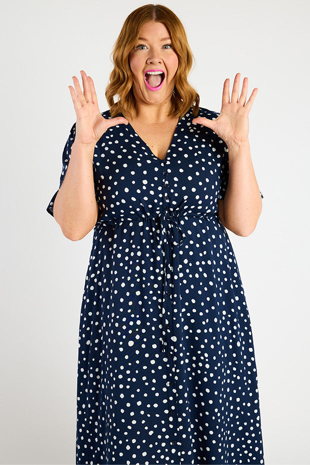 Michelle Navy & White Flecks Dress – Navy & White Flecks midi dress