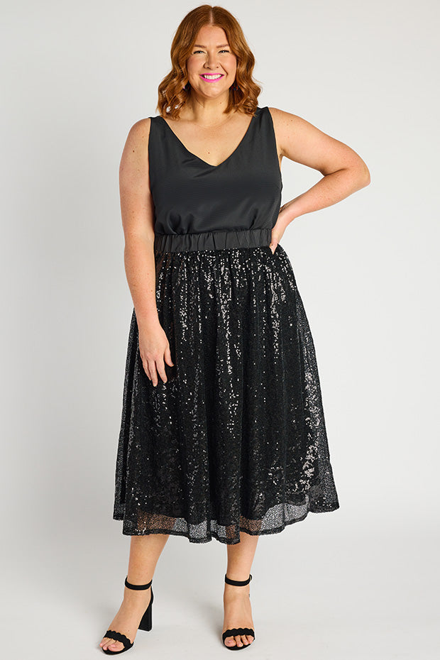 Eras Black Sequin Skirt – Black Sequin midi skirt