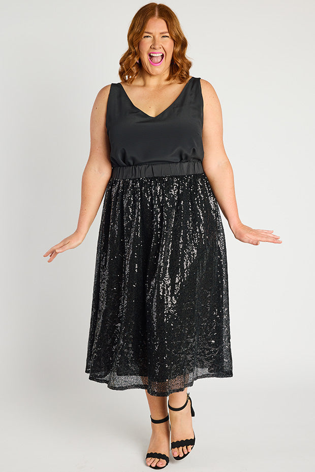 Eras Black Sequin Skirt – Black Sequin midi skirt