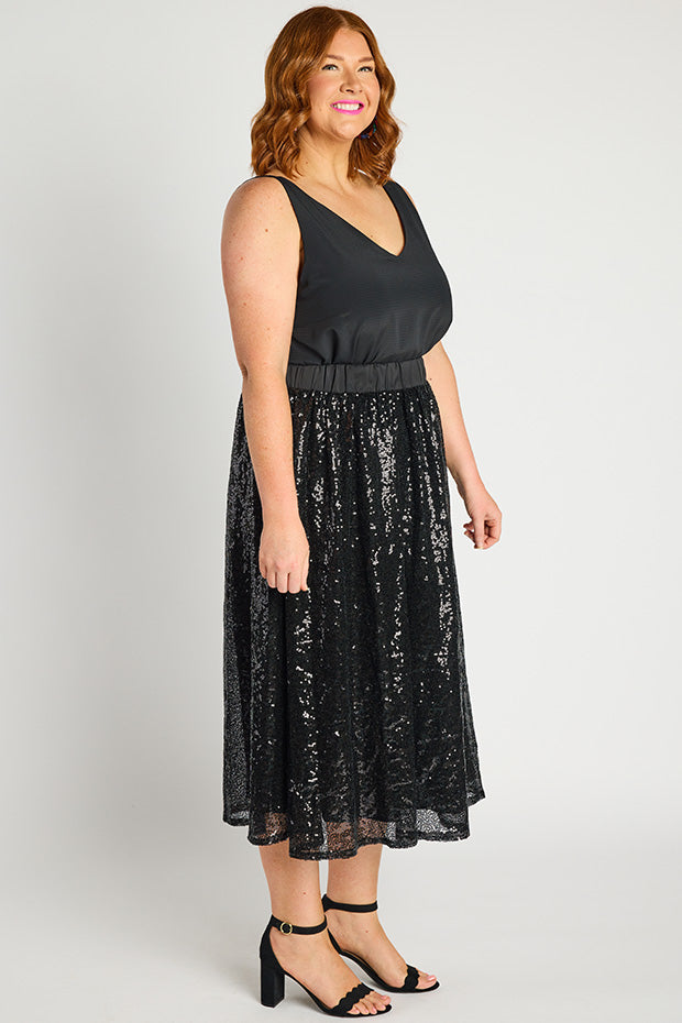 Eras Black Sequin Skirt – Black Sequin midi skirt