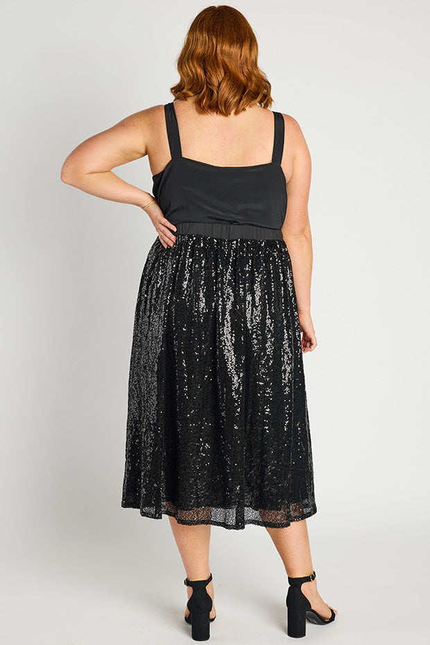 Eras Black Sequin Skirt – Black Sequin midi skirt