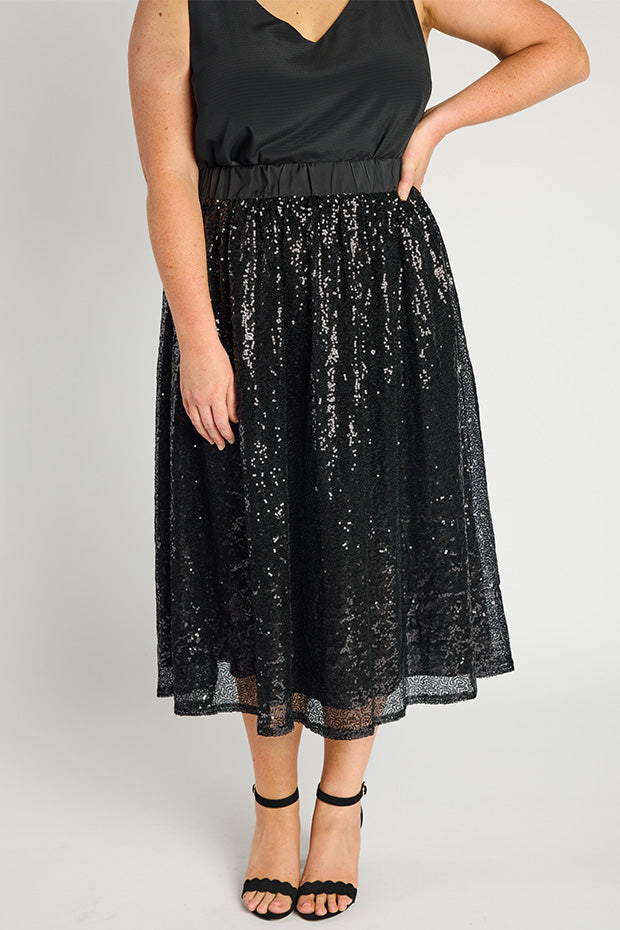 Eras Black Sequin Skirt – Black Sequin midi skirt